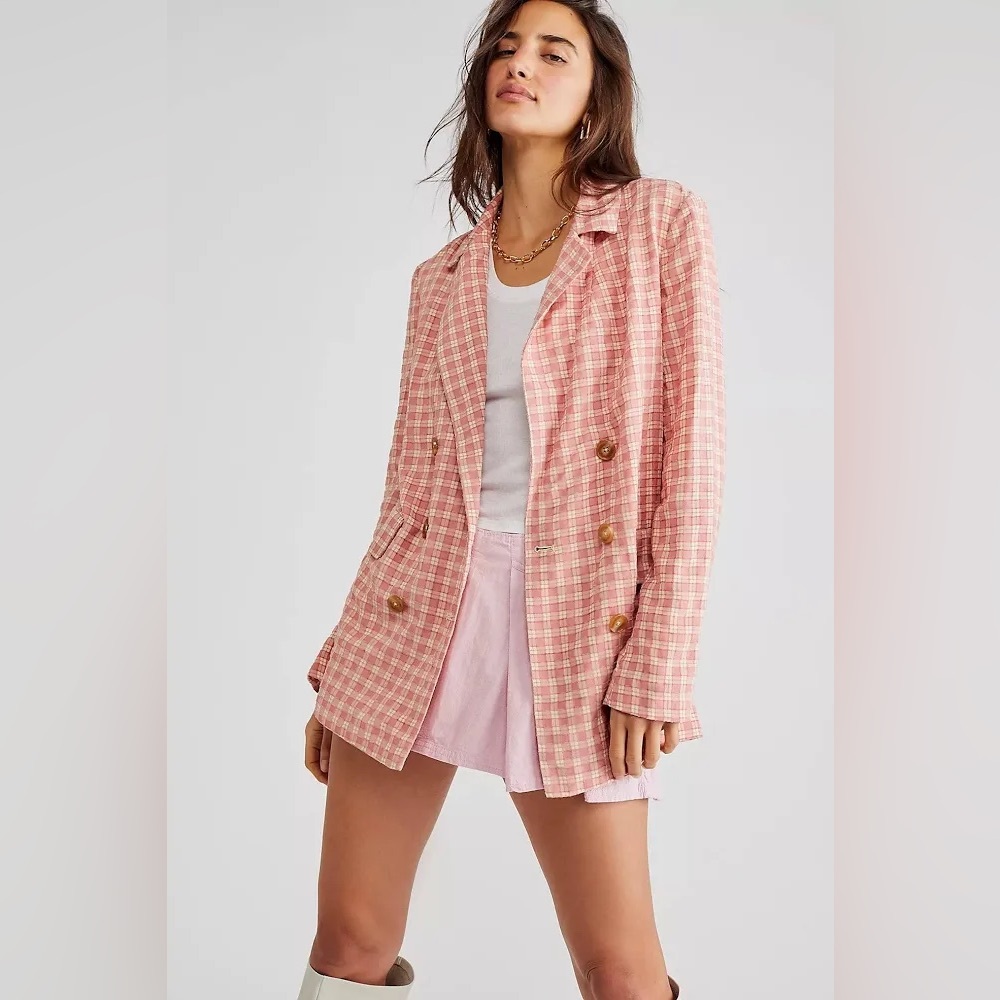 Free People Olivia Gingham Double Breasted Blazer - Size M